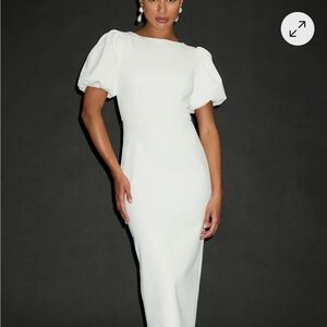 Elegant White Puff-Sleeve Midi Dress